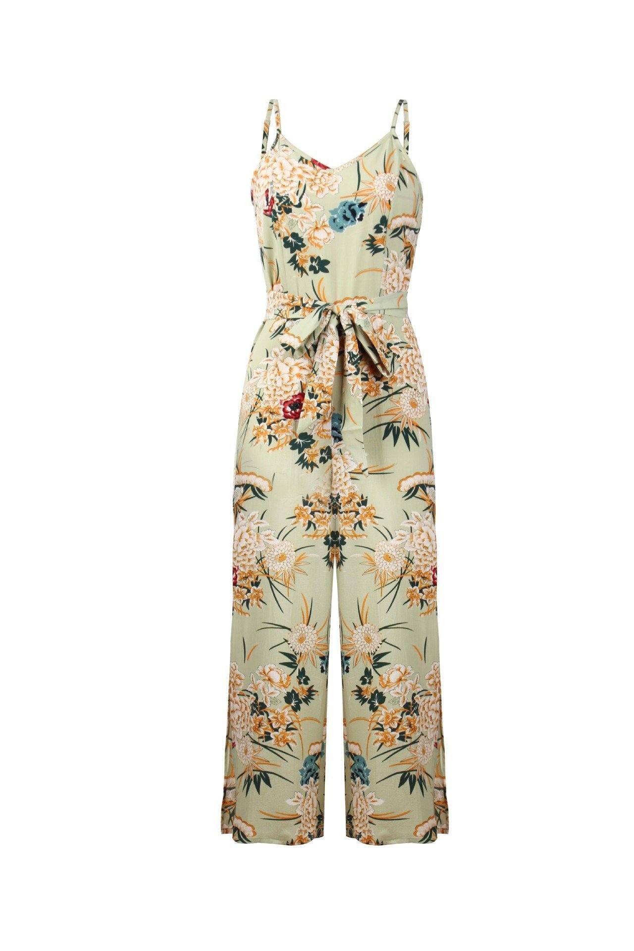 creamtopmall V Neck Floral Slit Jumpsuit