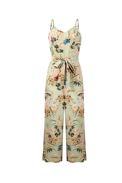 creamtopmall V Neck Floral Slit Jumpsuit