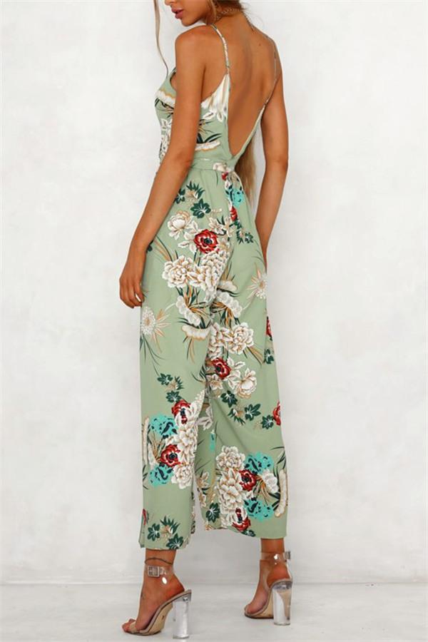 creamtopmall V Neck Floral Slit Jumpsuit - Green