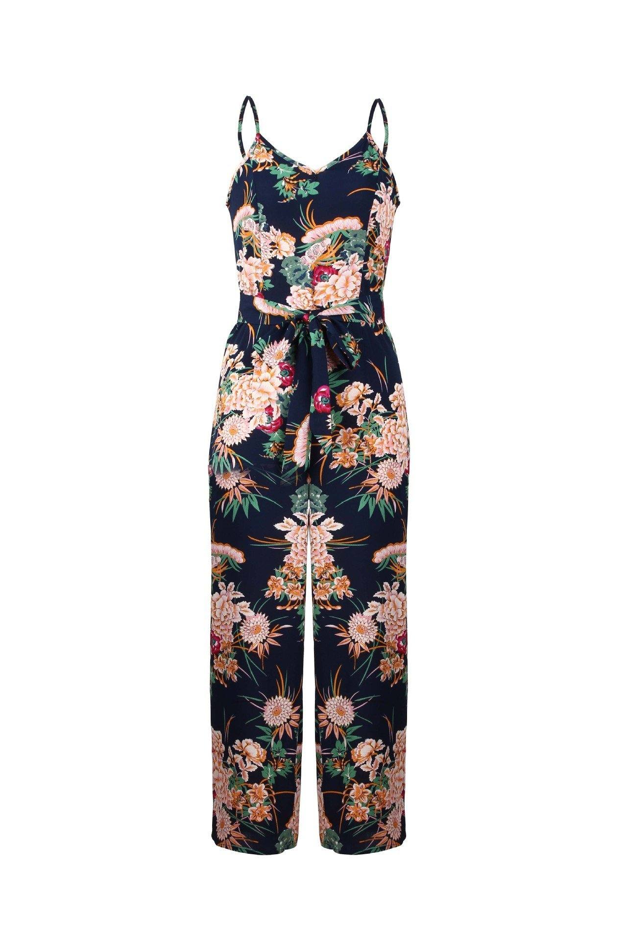 creamtopmall V Neck Floral Slit Jumpsuit - Green