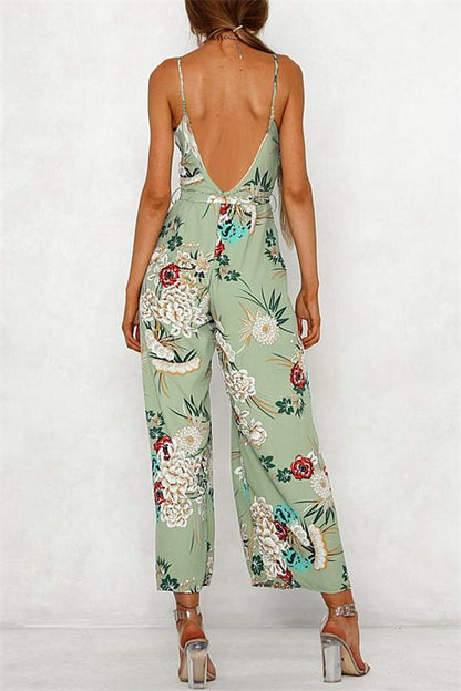 creamtopmall V Neck Floral Slit Jumpsuit