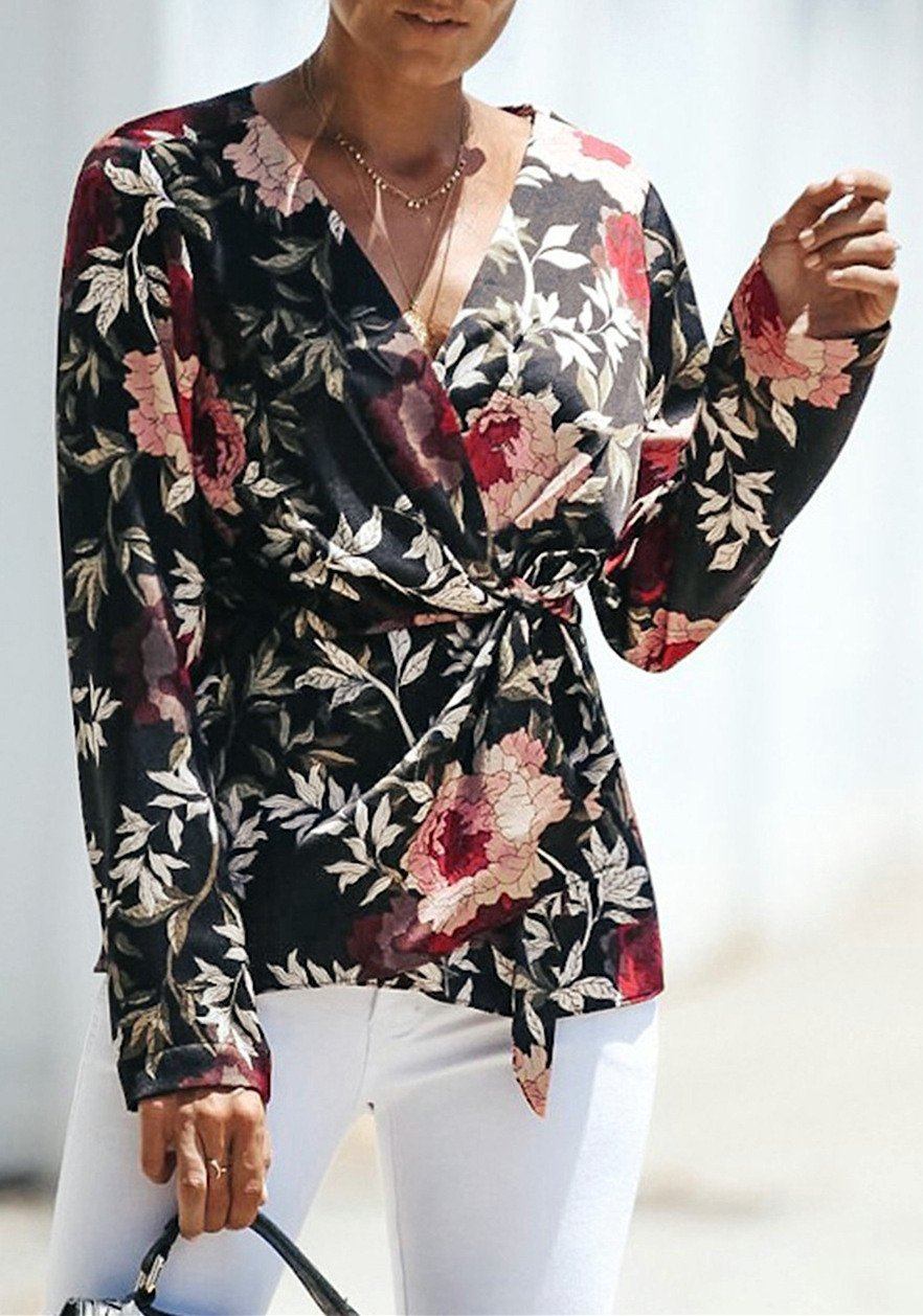 Creamtopmall V Neck Floral Wrap Shirt