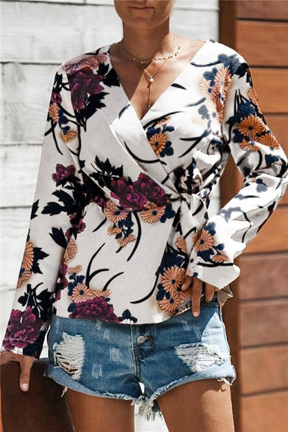 Creamtopmall V Neck Floral Wrap Shirt