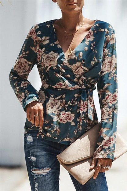 Creamtopmall V Neck Floral Wrap Shirt