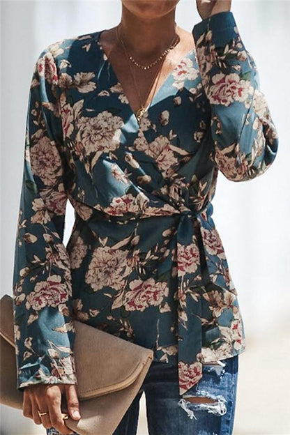 Creamtopmall V Neck Floral Wrap Shirt