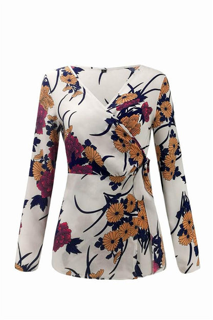 Creamtopmall V Neck Floral Wrap Shirt