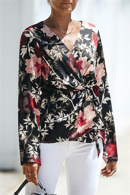 Creamtopmall V Neck Floral Wrap Shirt