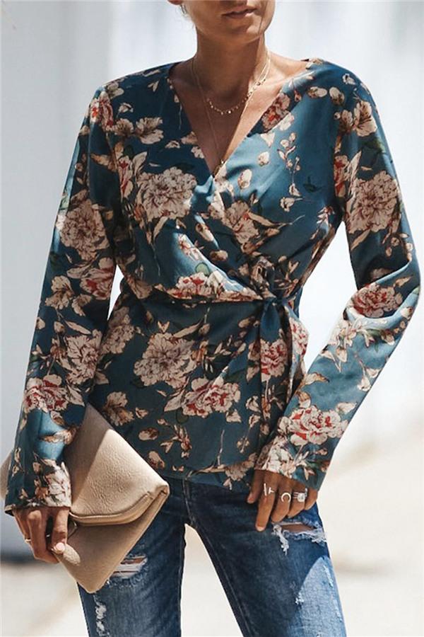 Creamtopmall V Neck Floral Wrap Shirt