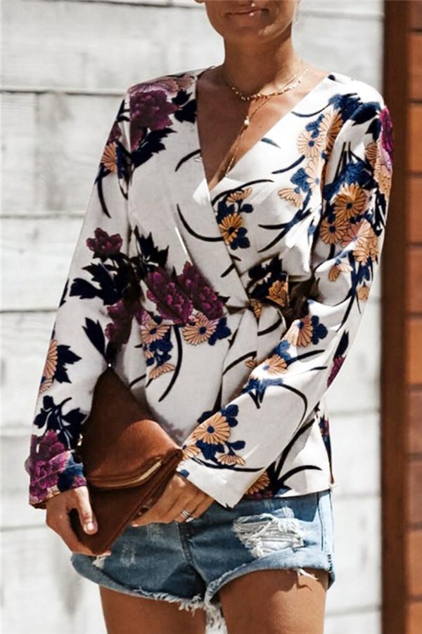 Creamtopmall V Neck Floral Wrap Shirt