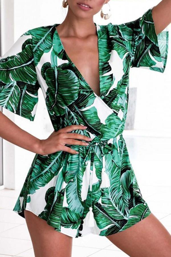 creamtopmall V Neck Green Leaves Tie Waist Romper