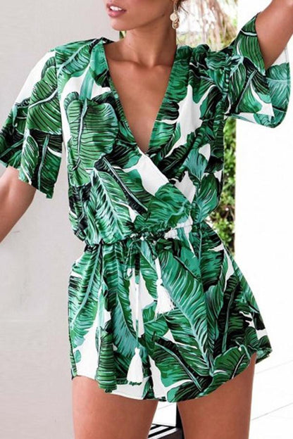 creamtopmall V Neck Green Leaves Tie Waist Romper