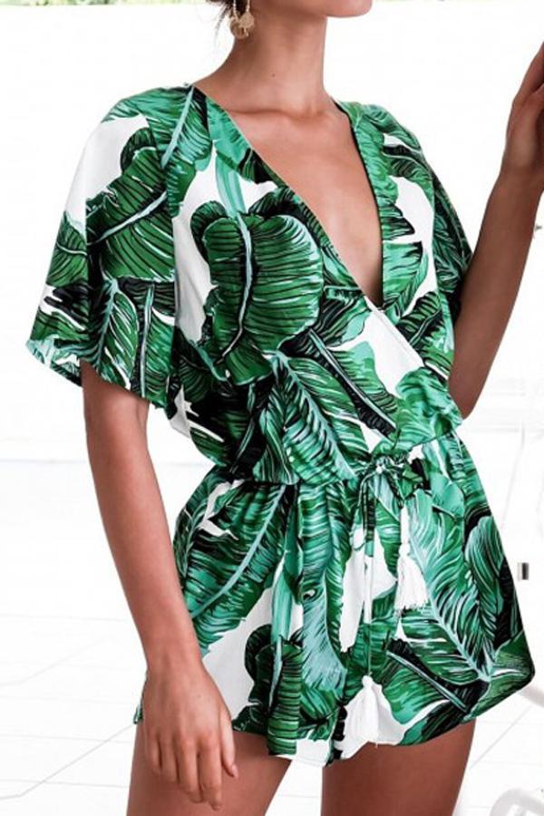 creamtopmall V Neck Green Leaves Tie Waist Romper