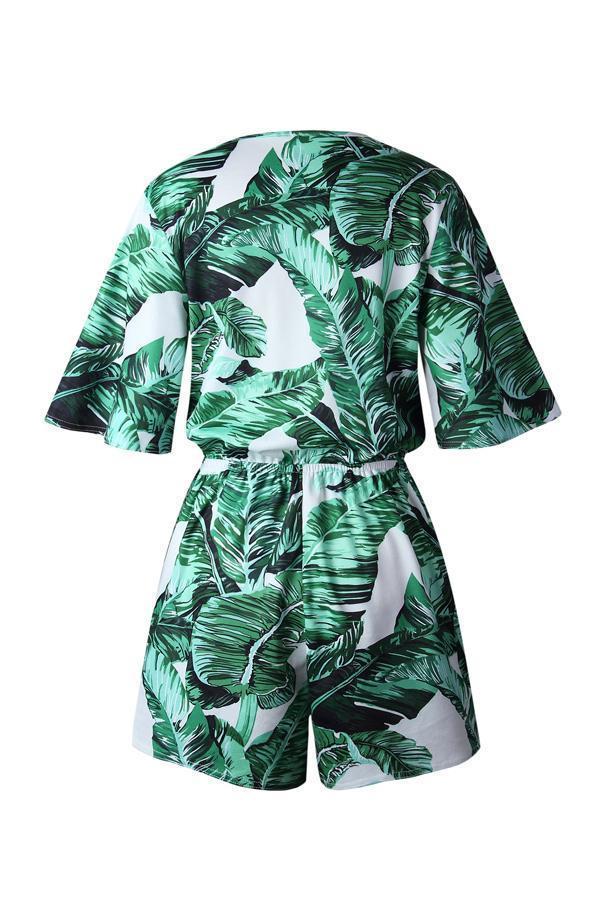 creamtopmall V Neck Green Leaves Tie Waist Romper