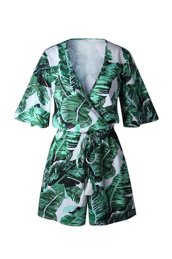 creamtopmall V Neck Green Leaves Tie Waist Romper