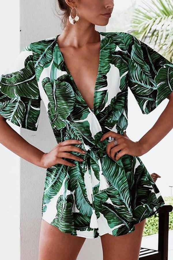 creamtopmall V Neck Green Leaves Tie Waist Romper