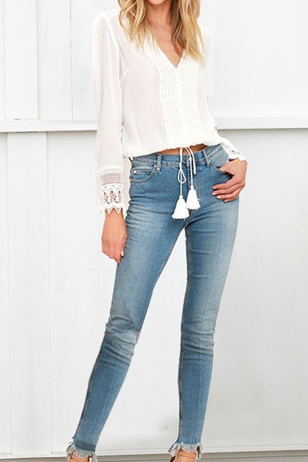 Creamtopmall V Neck Lace Tassel Blouse