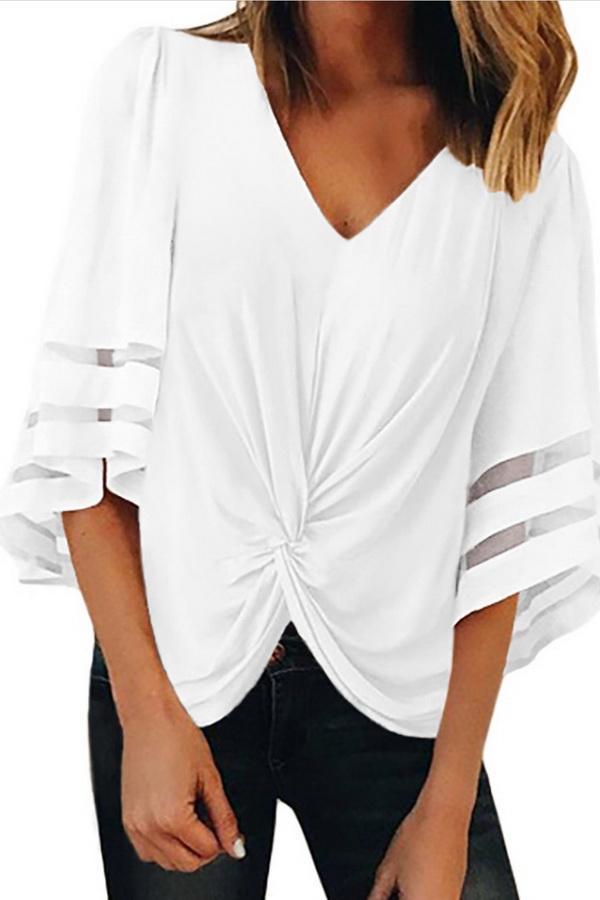 Creamtopmall V-neck Loose Hollow Half-sleeve Top