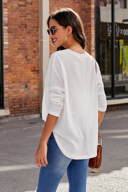 Creamtopmall V-neck Loose Waffle Knit Pullover