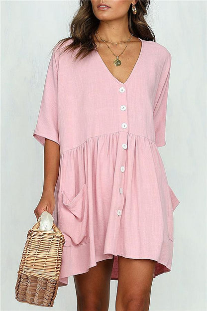 Creamtopmall V Neck Pockets Loose Dress