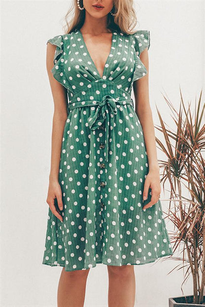 Creamtopmall V Neck Polka Dot Green Ruffle Summer Dress