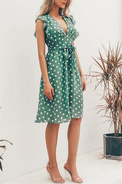 Creamtopmall V Neck Polka Dot Green Ruffle Summer Dress