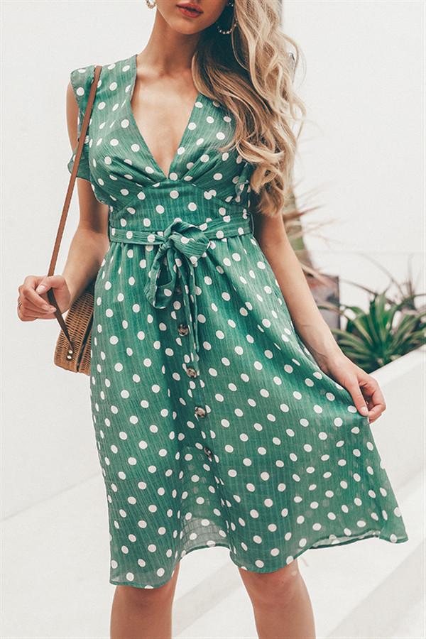 Creamtopmall V Neck Polka Dot Green Ruffle Summer Dress