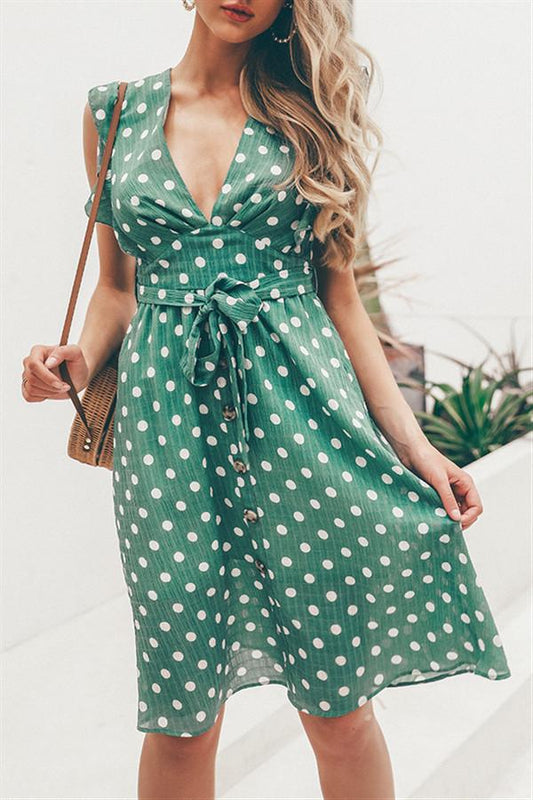 Creamtopmall V Neck Polka Dot Green Ruffle Summer Dress