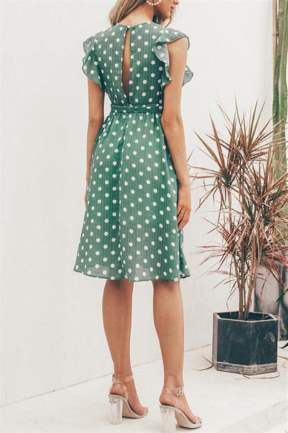 Creamtopmall V Neck Polka Dot Green Ruffle Summer Dress