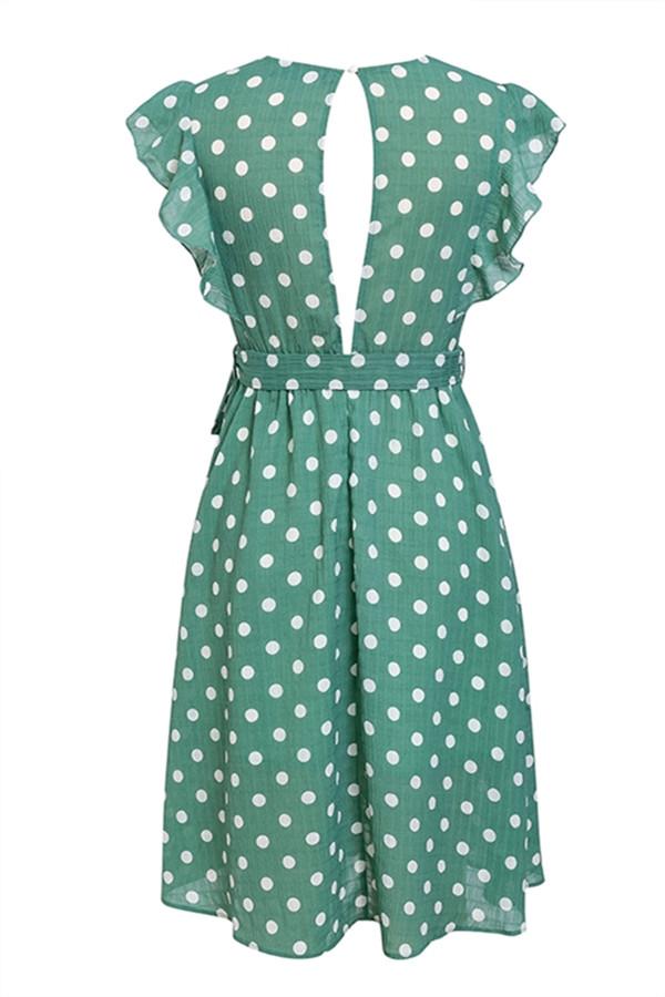 Creamtopmall V Neck Polka Dot Green Ruffle Summer Dress