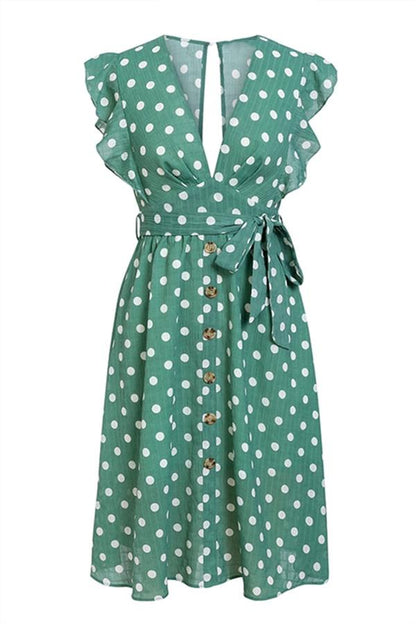 Creamtopmall V Neck Polka Dot Green Ruffle Summer Dress