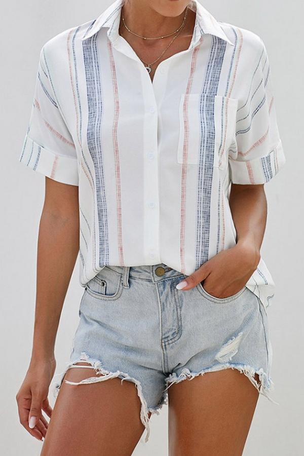 Creamtopmall V-neck Single-breasted Loose Short-sleeved Shirt