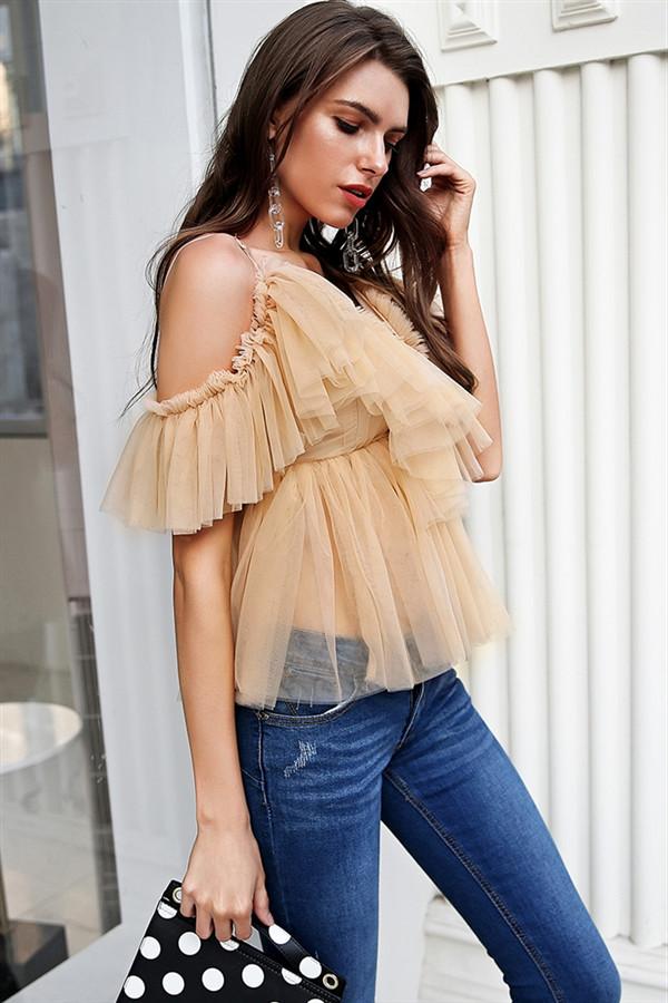 Creamtopmall V Neck Strap Boho Mesh Blouse Shirt