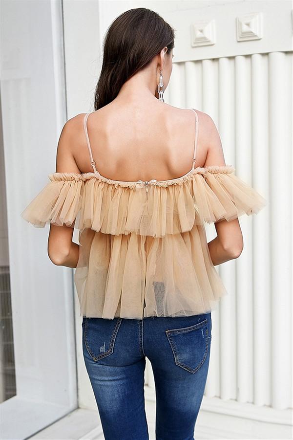 Creamtopmall V Neck Strap Boho Mesh Blouse Shirt