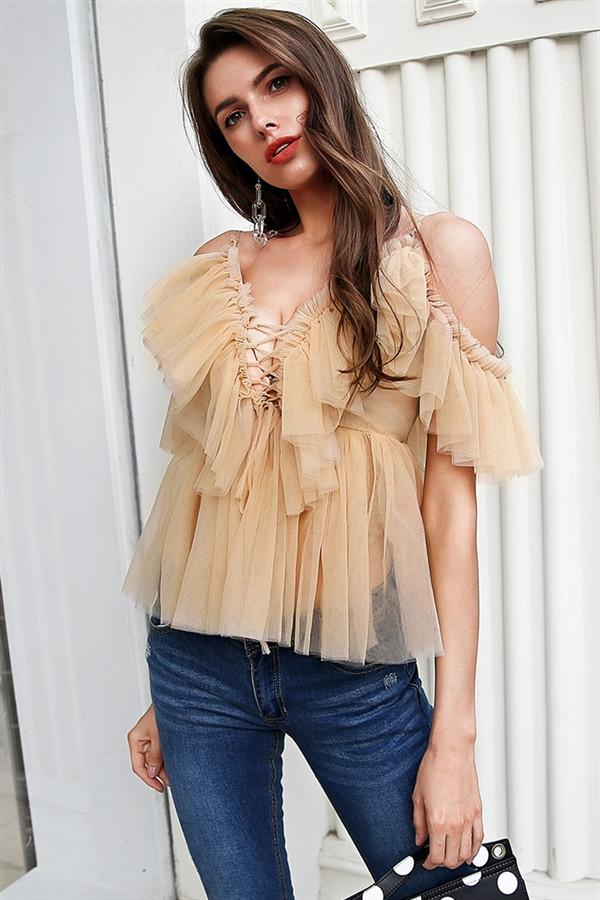 Creamtopmall V Neck Strap Boho Mesh Blouse Shirt