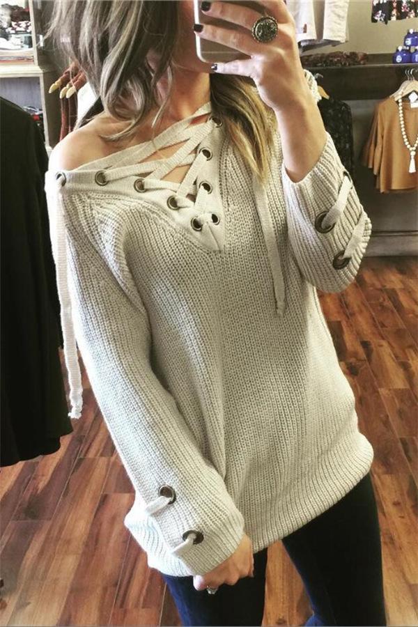 Creamtopmall V Neck Striped Bandage Cross Ties Sweater