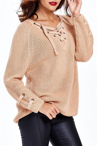 Creamtopmall V Neck Striped Bandage Cross Ties Sweater