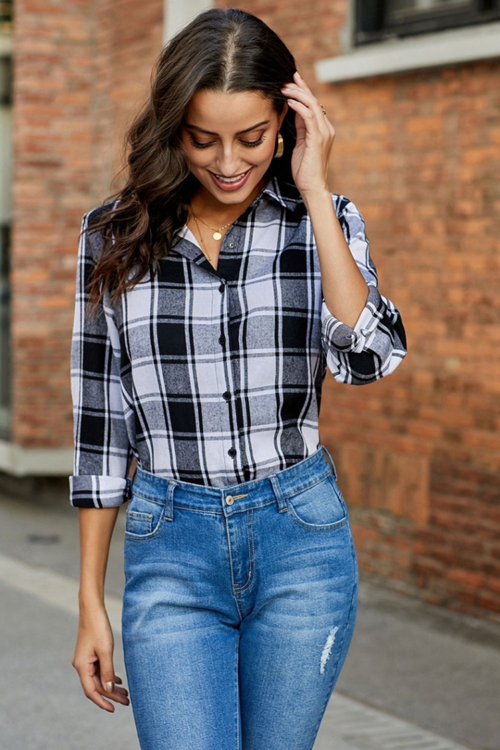 Creamtopmall Versatile Plaid Roll Sleeve Shirt