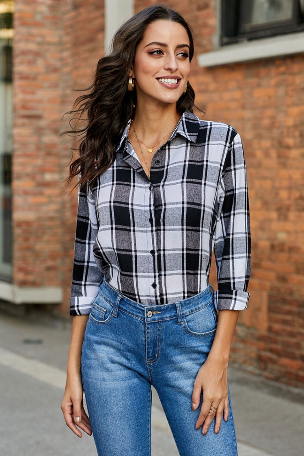 Creamtopmall Versatile Plaid Roll Sleeve Shirt