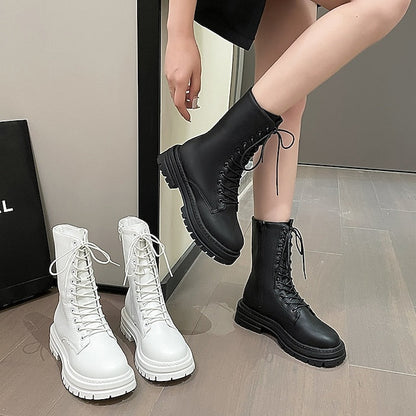 creamtopmall Autumn Boots   Women's Boots Martin Boots Plus Size Lace Up Boots Daily Walking Zipper Chunky Heel Round Toe Elegant Casual Comfort Walking Shoes Faux Leather Lace-up Solid Color Black White